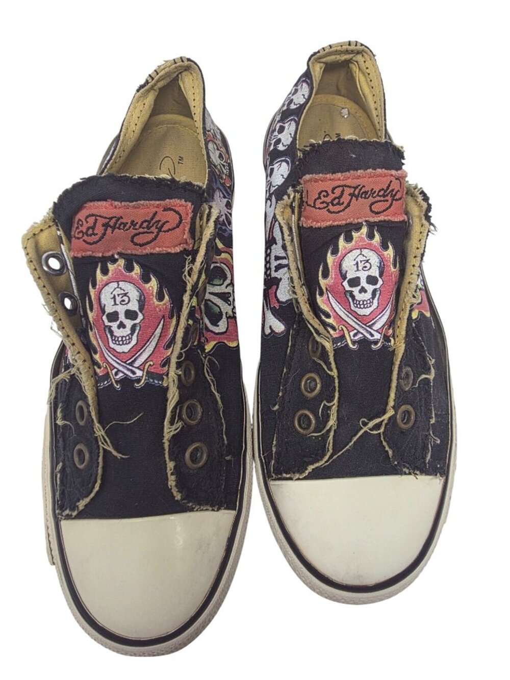 Ed Hardy Women's Skull Flame Slip-On Shoes Distressed Canvas US 7
